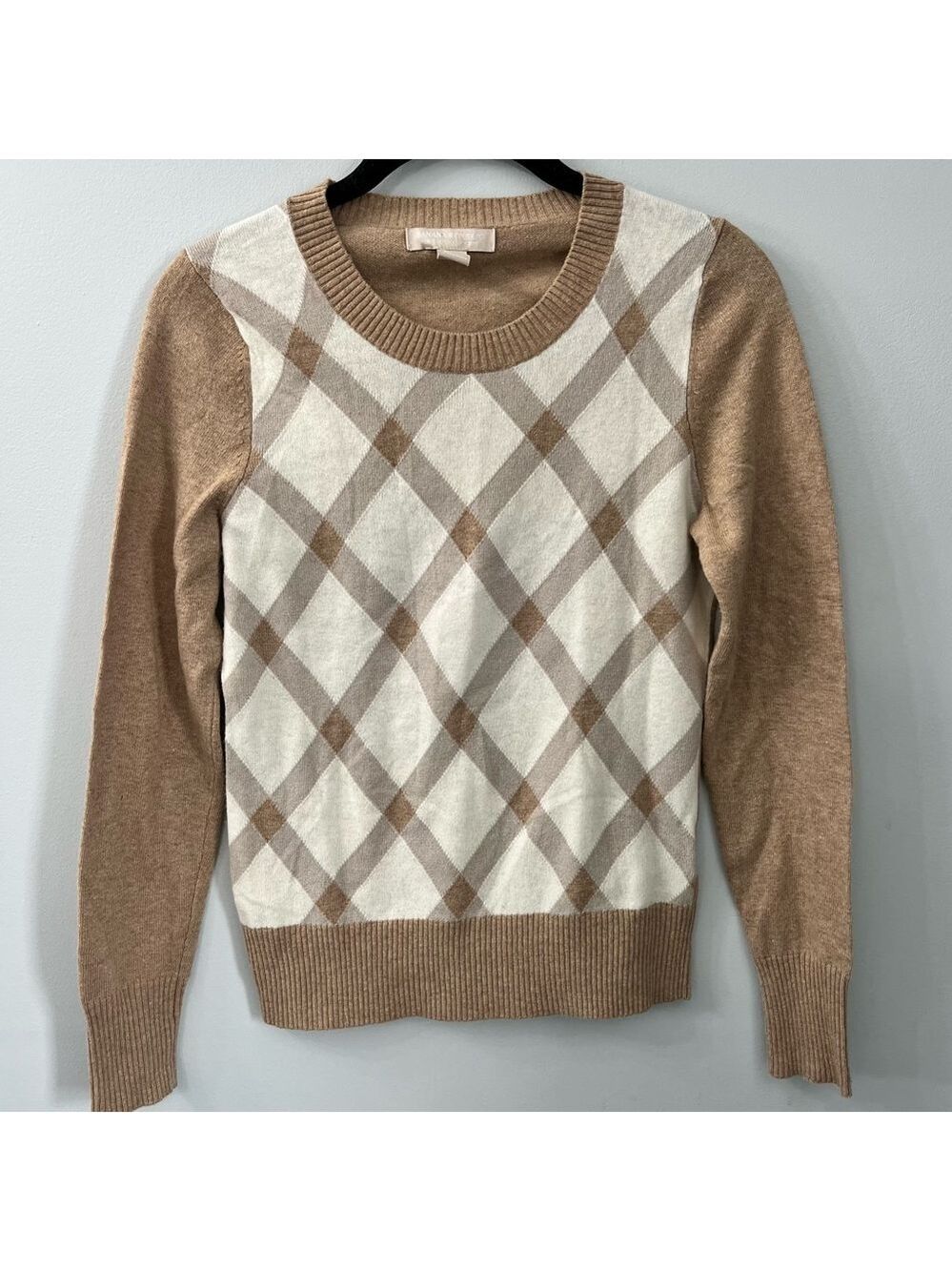 Banana Republic Cream Tan Cashmere Merino Wool Blend Argyle Sweater Extra Small